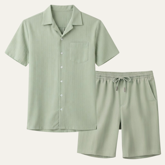 Men's Short Sleeve Shirt and Shorts Set with Camp Collar and Drawstring Waist