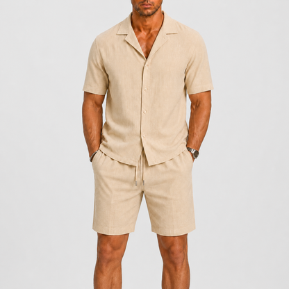 Men's Short Sleeve Shirt and Shorts Set with Camp Collar and Drawstring Waist
