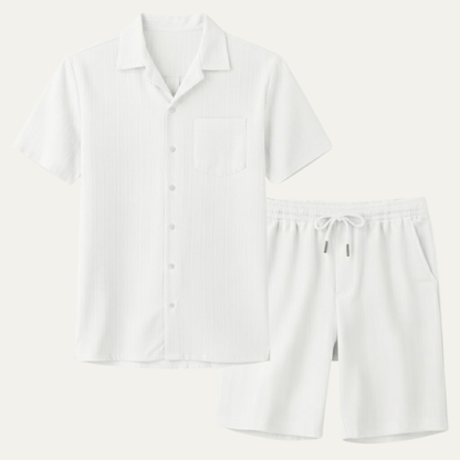 Men's Short Sleeve Shirt and Shorts Set with Camp Collar and Drawstring Waist
