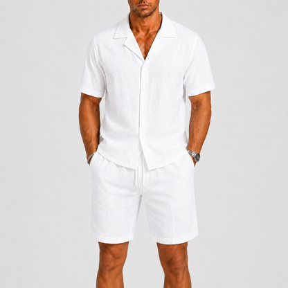 Men's Short Sleeve Shirt and Shorts Set with Camp Collar and Drawstring Waist