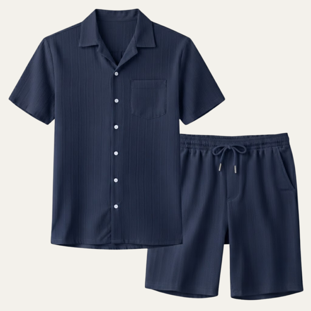 Men's Short Sleeve Shirt and Shorts Set with Camp Collar and Drawstring Waist