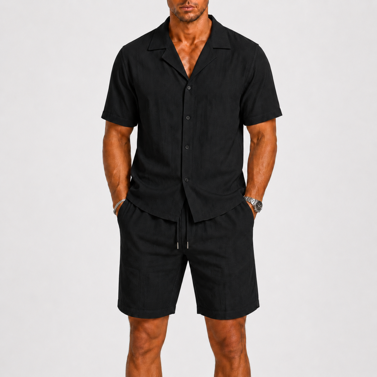 Men's Short Sleeve Shirt and Shorts Set with Camp Collar and Drawstring Waist