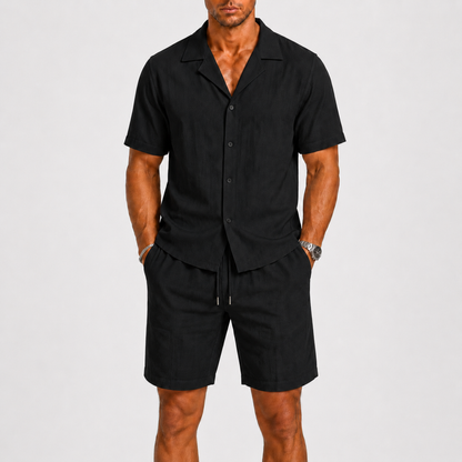 Men's Short Sleeve Shirt and Shorts Set with Camp Collar and Drawstring Waist