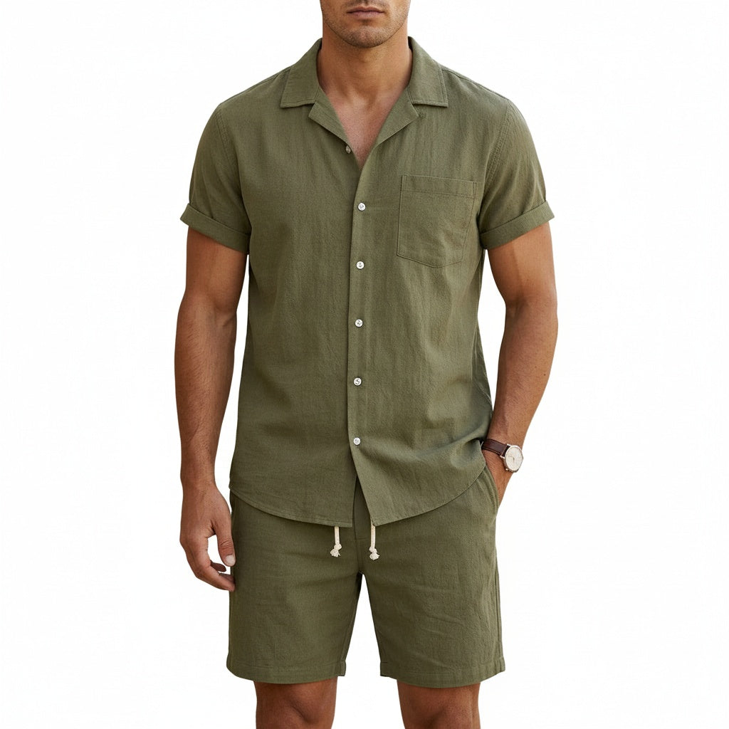 Men's Short Sleeve Shirt and Shorts Set with Cuban Collar and Chest Pocket