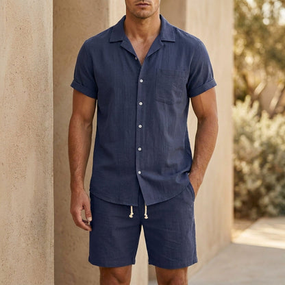 Men's Short Sleeve Shirt and Shorts Set with Cuban Collar and Chest Pocket