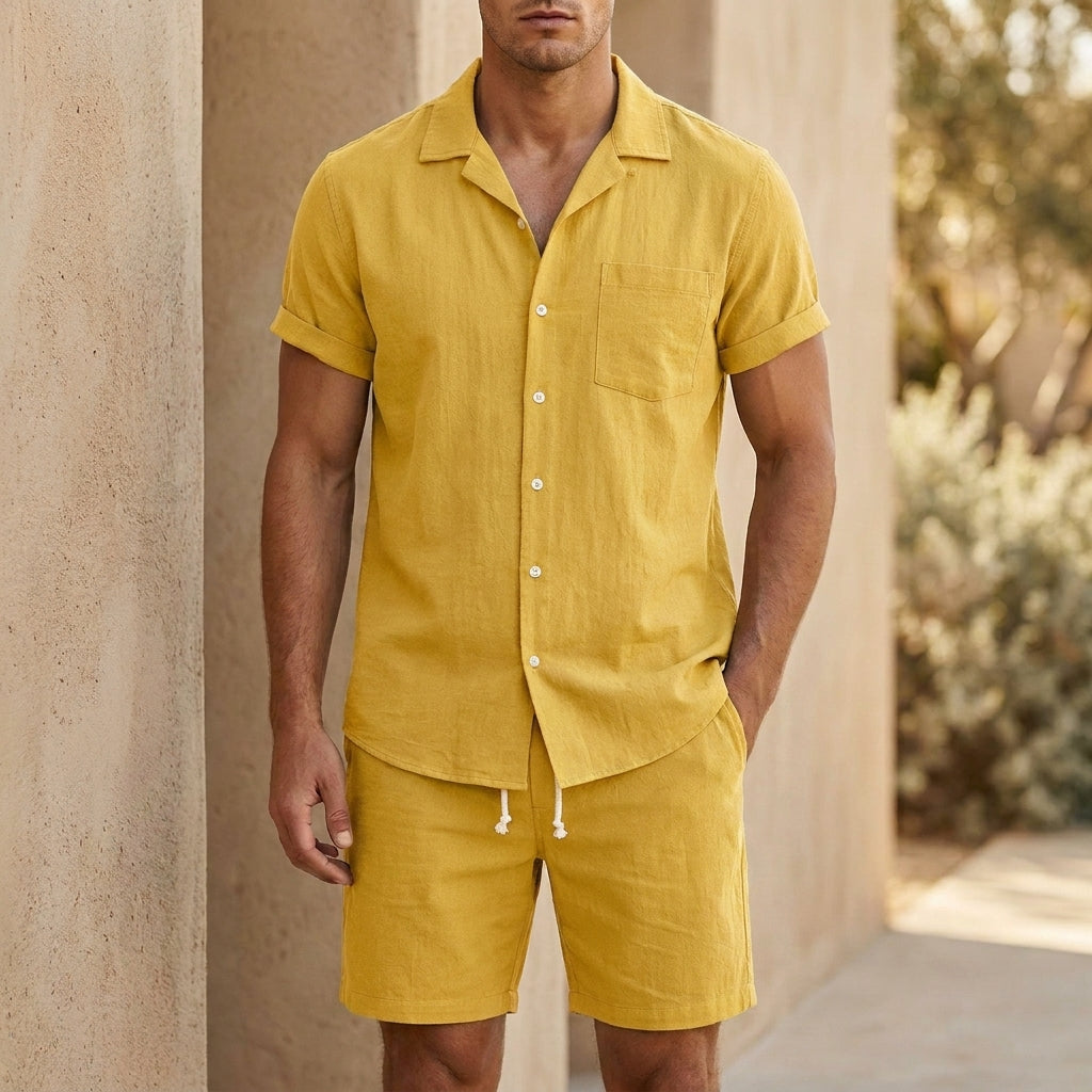 Men's Short Sleeve Shirt and Shorts Set with Cuban Collar and Chest Pocket