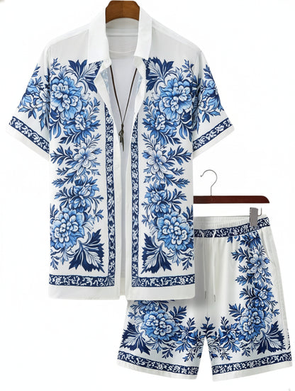 Men's Short Sleeve Shirt and Shorts Set with Floral Print