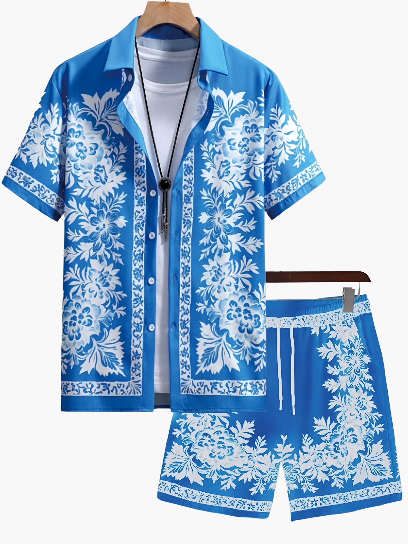 Men's Short Sleeve Shirt and Shorts Set with Floral Print