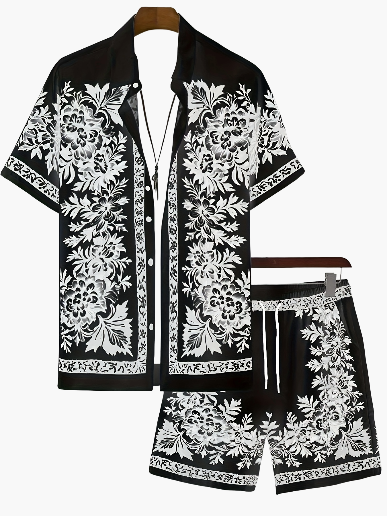Men's Short Sleeve Shirt and Shorts Set with Floral Print