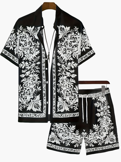 Men's Short Sleeve Shirt and Shorts Set with Floral Print
