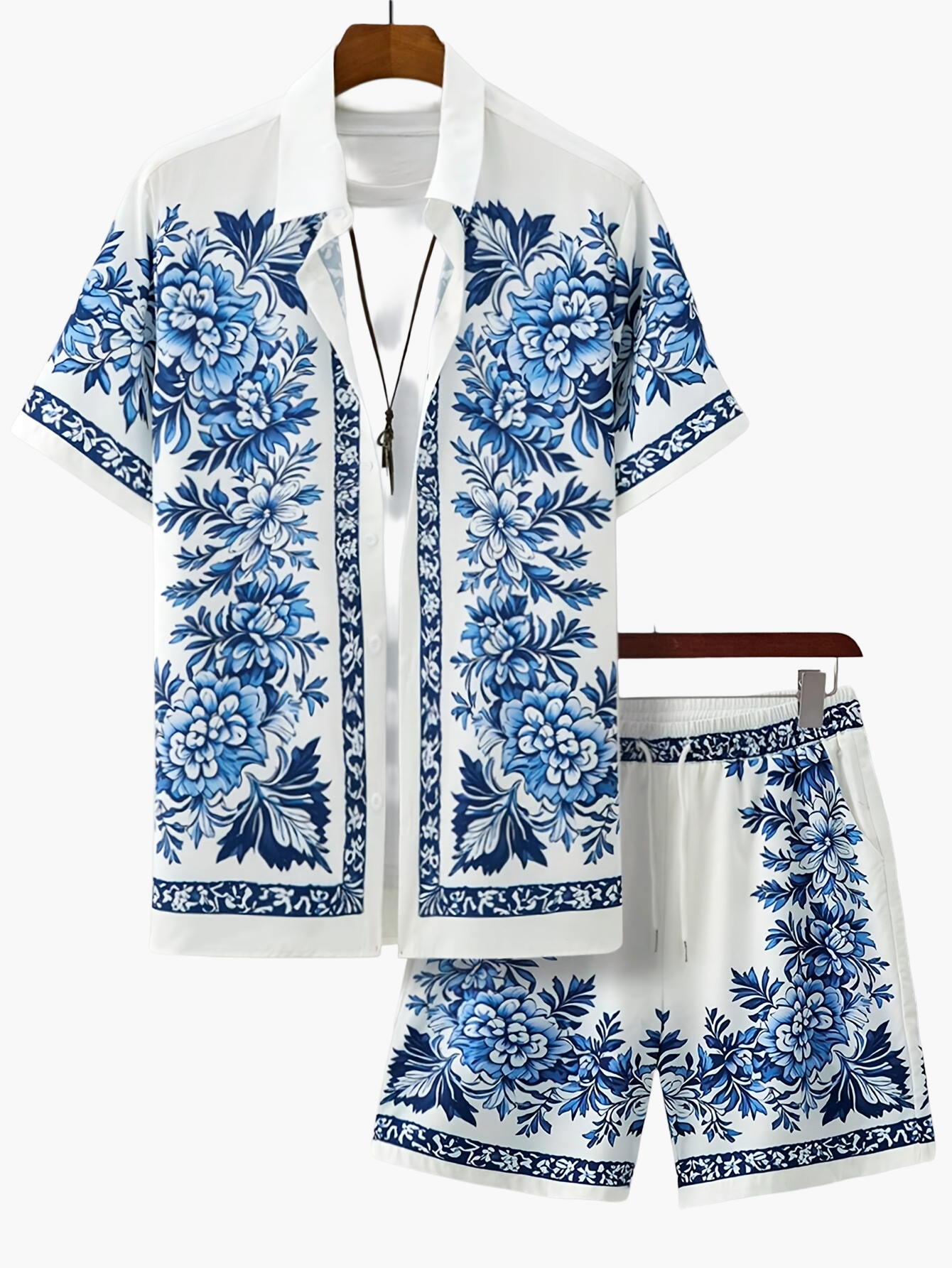 Men's Short Sleeve Shirt and Shorts Set with Floral Print