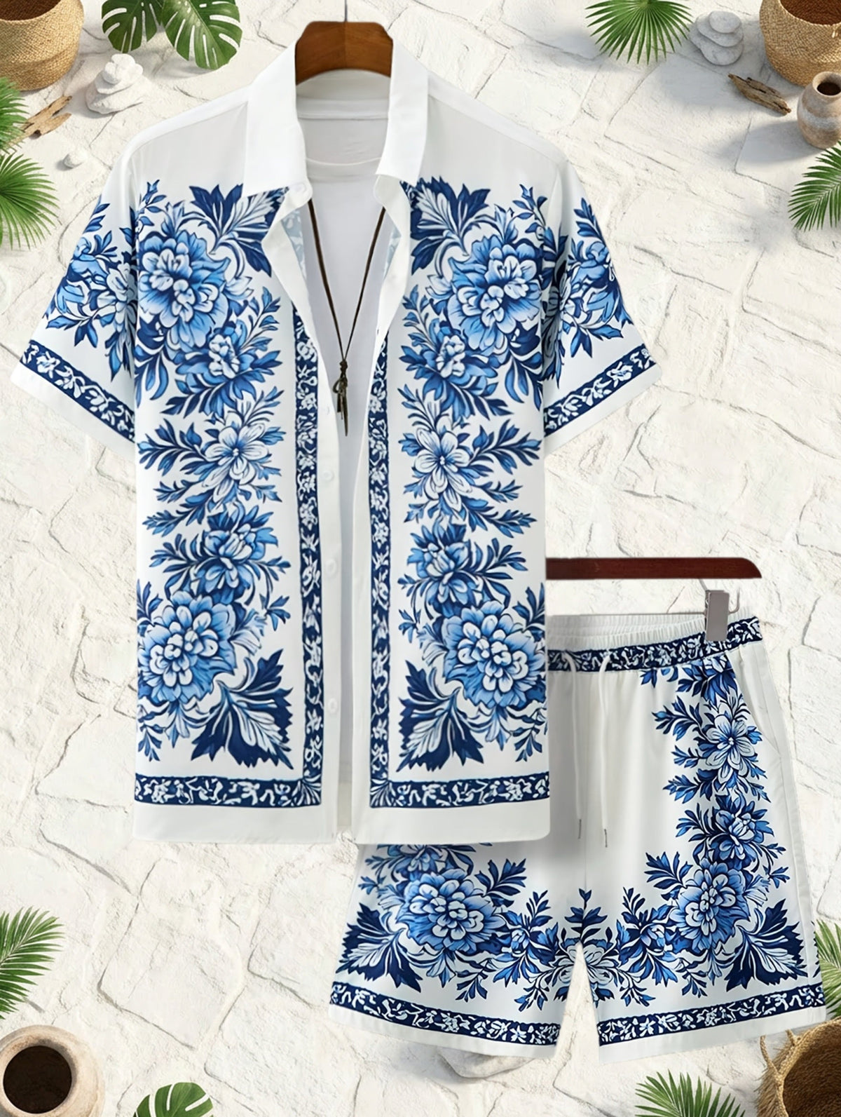 Men's Short Sleeve Shirt and Shorts Set with Floral Print