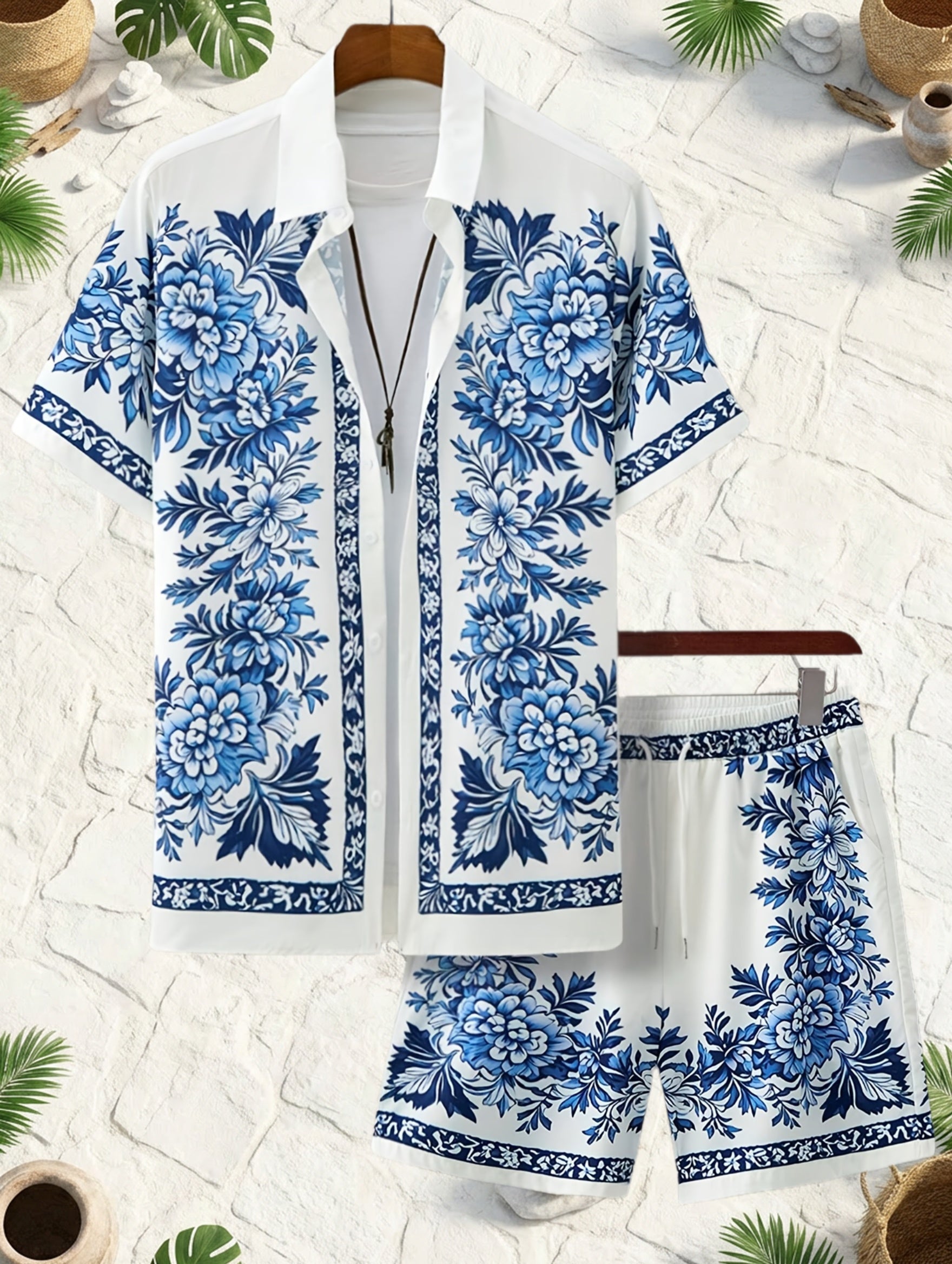 Men's Short Sleeve Shirt and Shorts Set with Floral Print