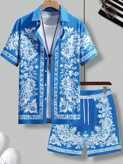 Men's Short Sleeve Shirt and Shorts Set with Floral Print