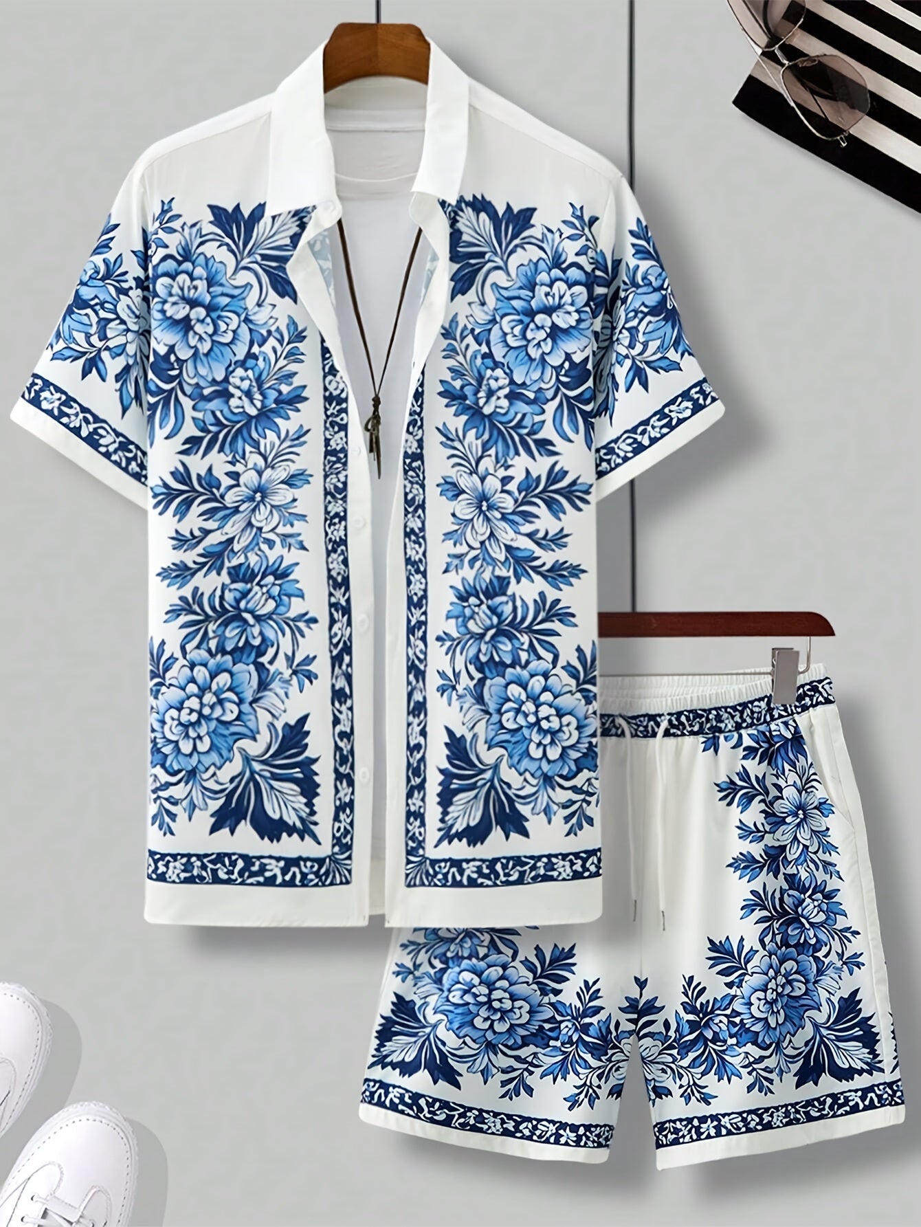 Men's Short Sleeve Shirt and Shorts Set with Floral Print