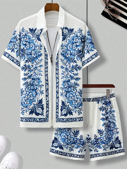 Men's Short Sleeve Shirt and Shorts Set with Floral Print
