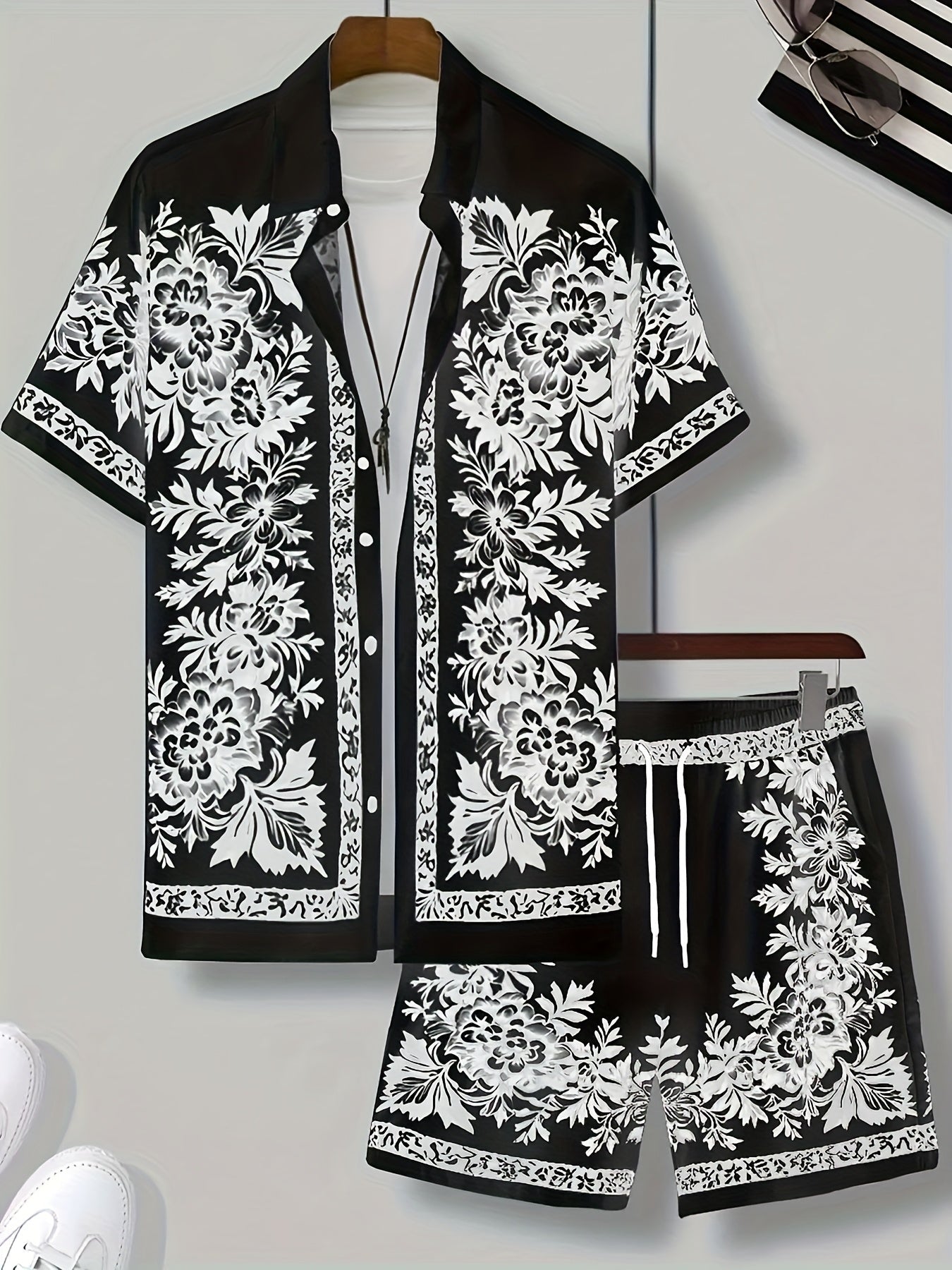 Men's Short Sleeve Shirt and Shorts Set with Floral Print