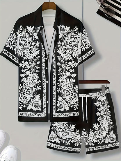 Men's Short Sleeve Shirt and Shorts Set with Floral Print
