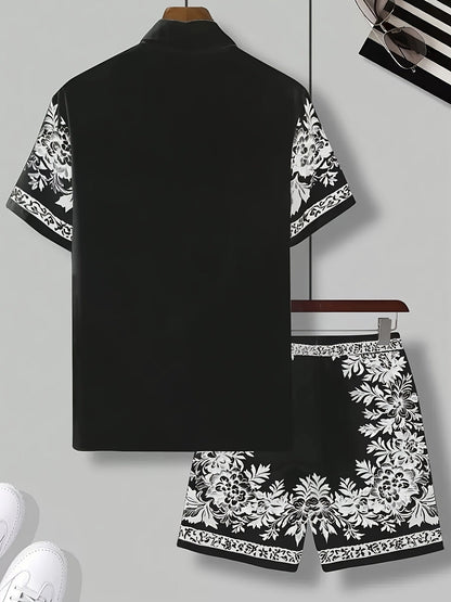 Men's Short Sleeve Shirt and Shorts Set with Floral Print