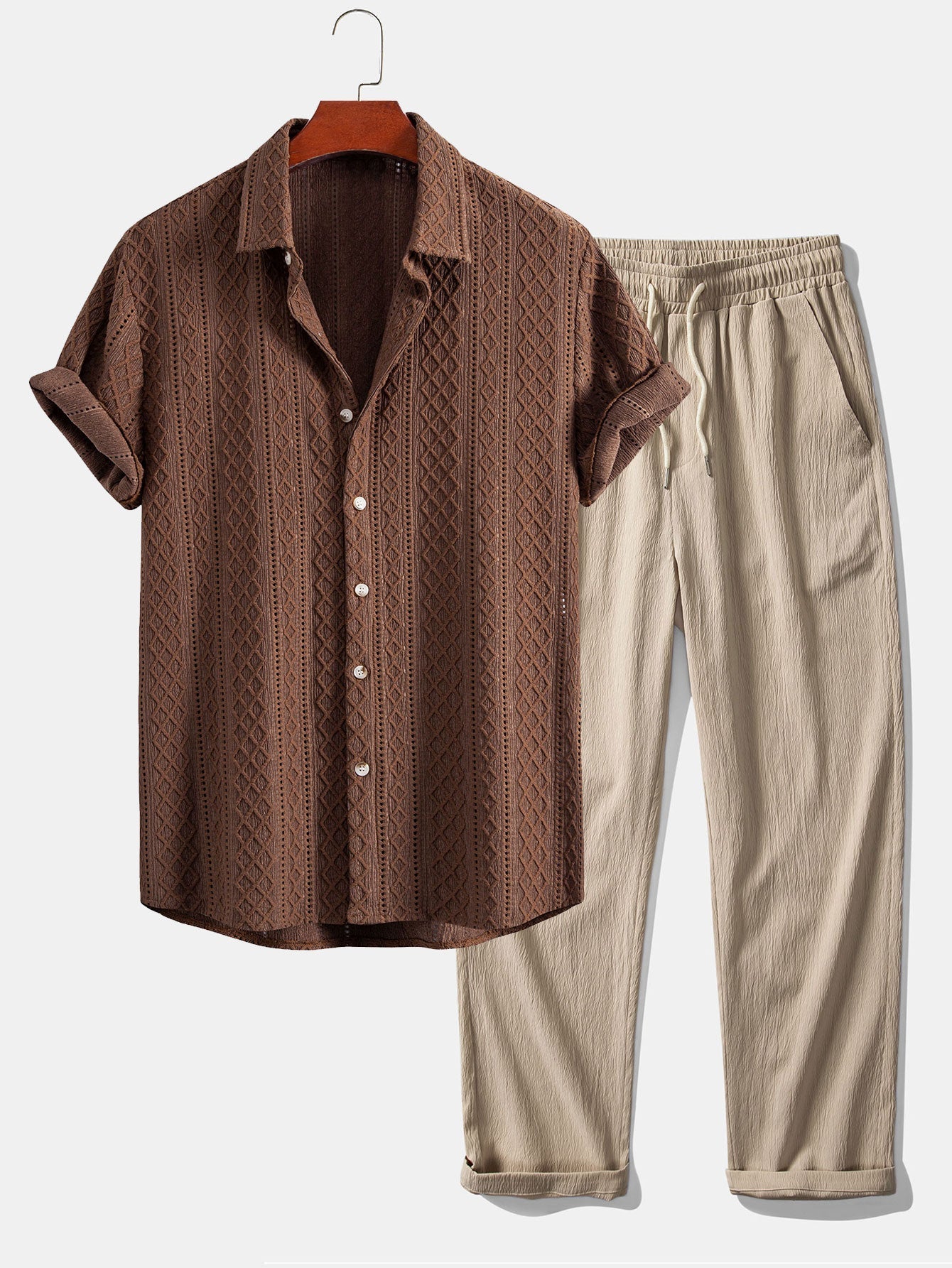 Men's Short Sleeve Shirt and Straight Leg Trousers Co-ord Set with Textured Diamond Pattern