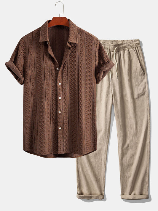Men's Short Sleeve Shirt and Straight Leg Trousers Co-ord Set with Textured Diamond Pattern
