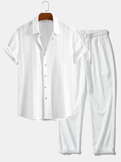 Men's Short Sleeve Shirt and Straight Leg Trousers Co-ord Set with Textured Diamond Pattern