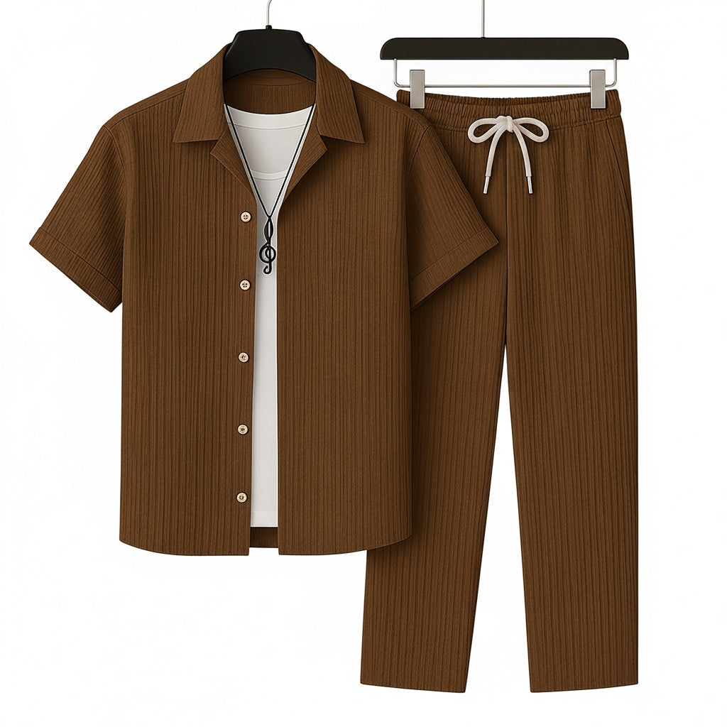 Men's Short Sleeve Shirt and Trousers Clothing Set with Drawstring Waist