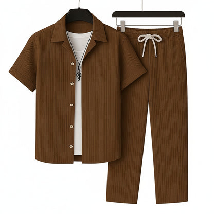 Men's Short Sleeve Shirt and Trousers Clothing Set with Drawstring Waist