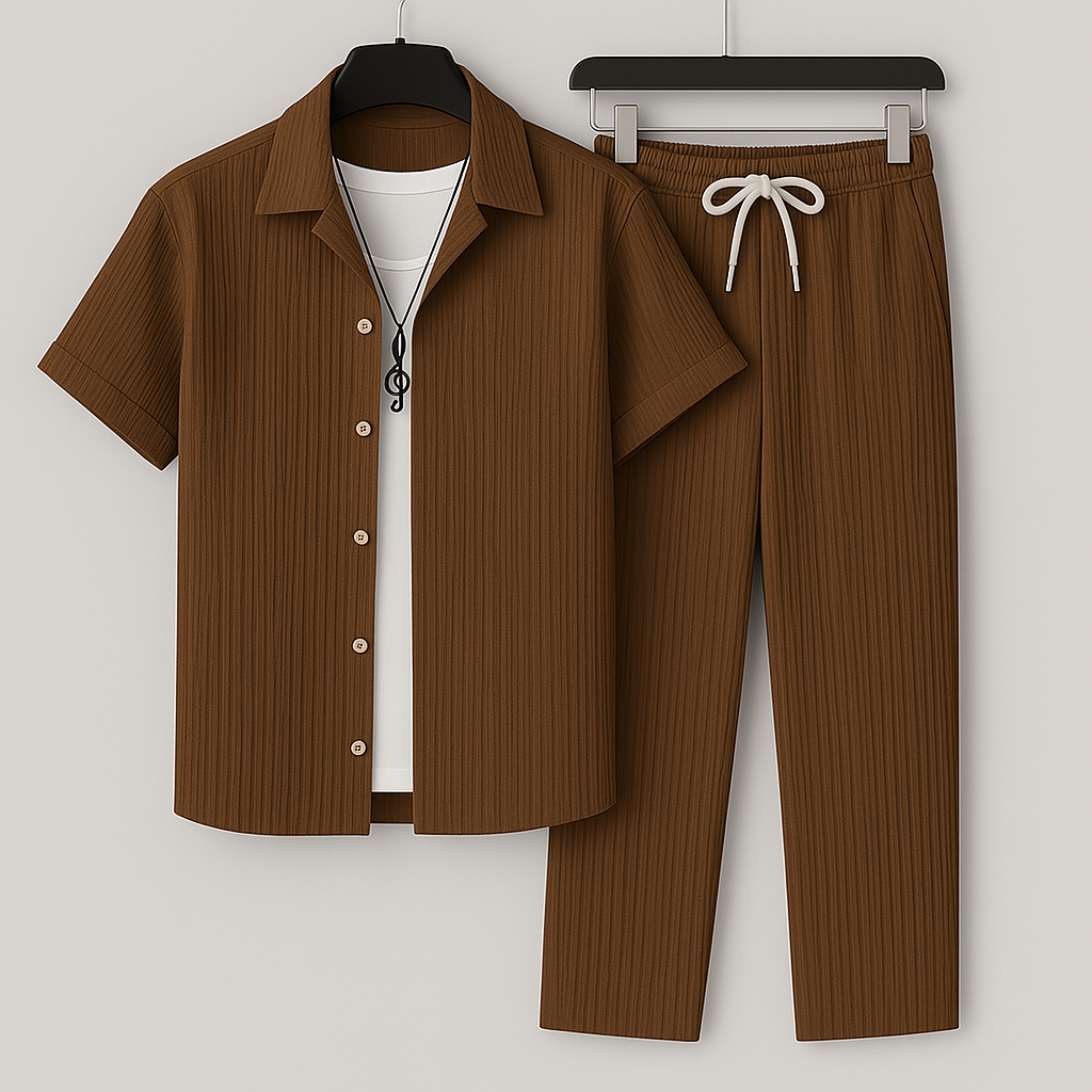 Men's Short Sleeve Shirt and Trousers Clothing Set with Drawstring Waist