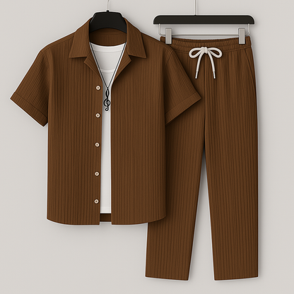 Men's Short Sleeve Shirt and Trousers Clothing Set with Drawstring Waist