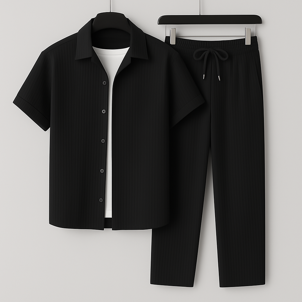 Men's Short Sleeve Shirt and Trousers Clothing Set with Drawstring Waist
