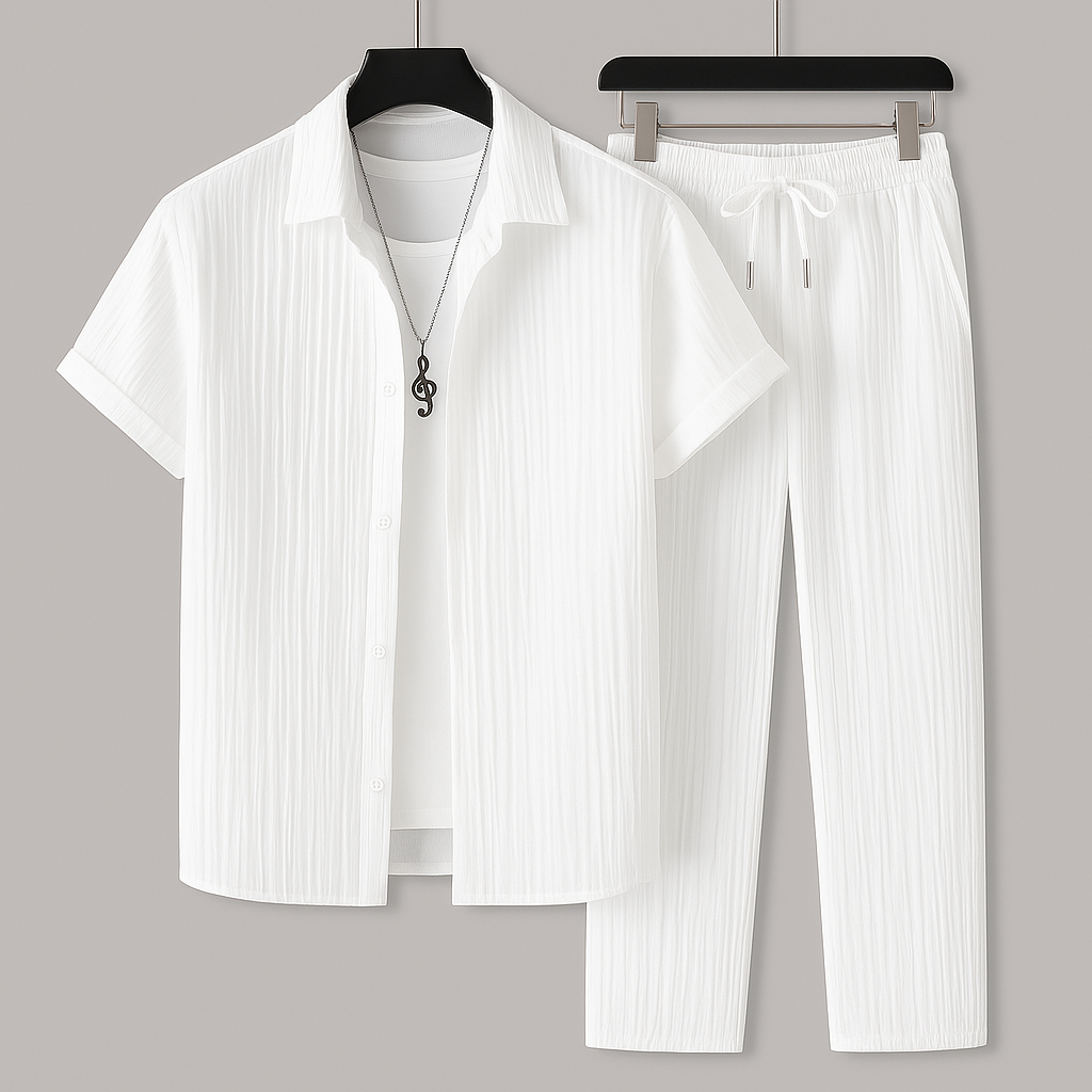 Men's Short Sleeve Shirt and Trousers Clothing Set with Drawstring Waist
