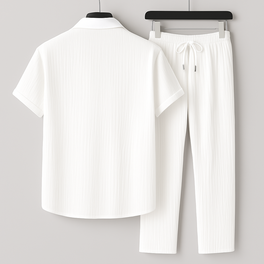 Men's Short Sleeve Shirt and Trousers Clothing Set with Drawstring Waist