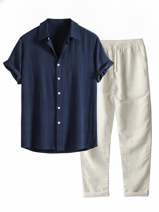 Men's Short Sleeve Shirt and Trousers Co-Ord Set with Band Collar ##POS:1##