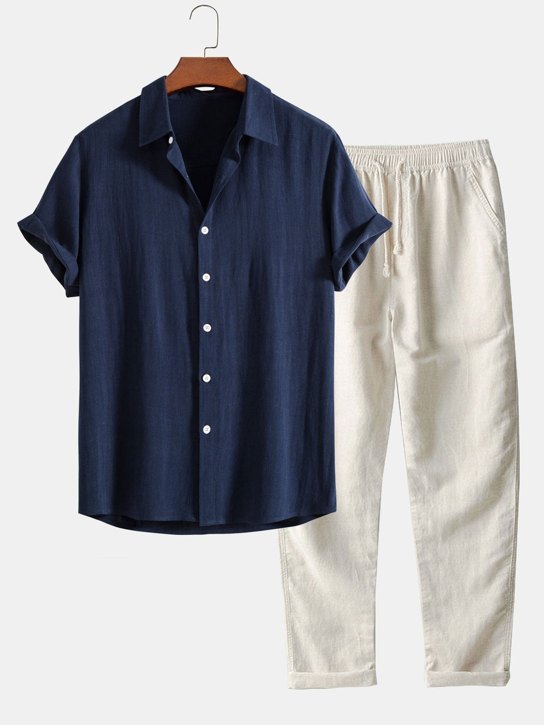Men's Short Sleeve Shirt and Trousers Set with Button-Up and Drawstring Waist