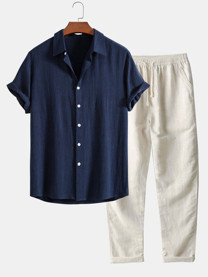 Men's Short Sleeve Shirt and Trousers Set with Button-Up and Drawstring Waist