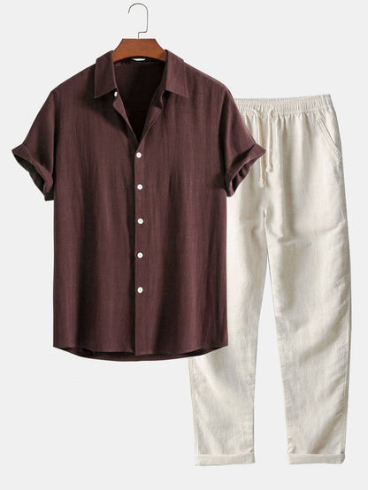 Men's Short Sleeve Shirt and Trousers Set with Button-Up and Drawstring Waist