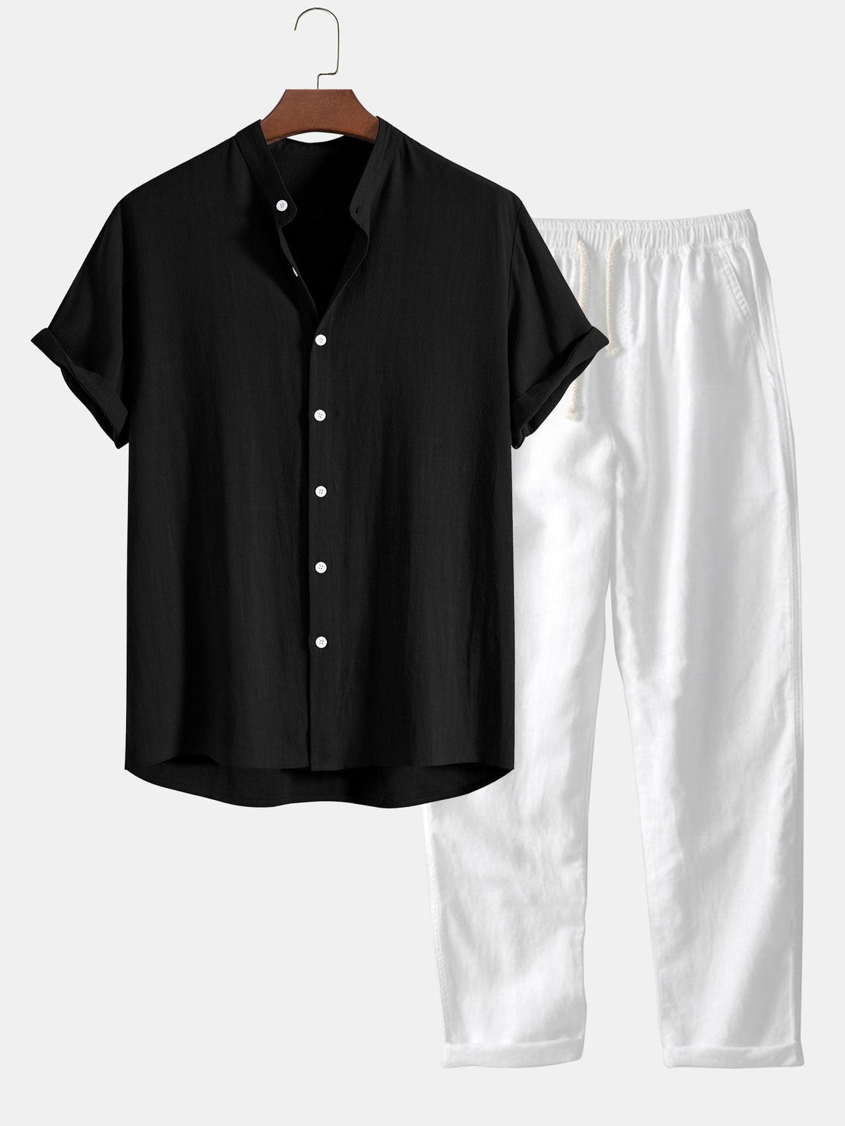 Men's Short Sleeve Shirt and Trousers Set with Button-Up and Drawstring Waist