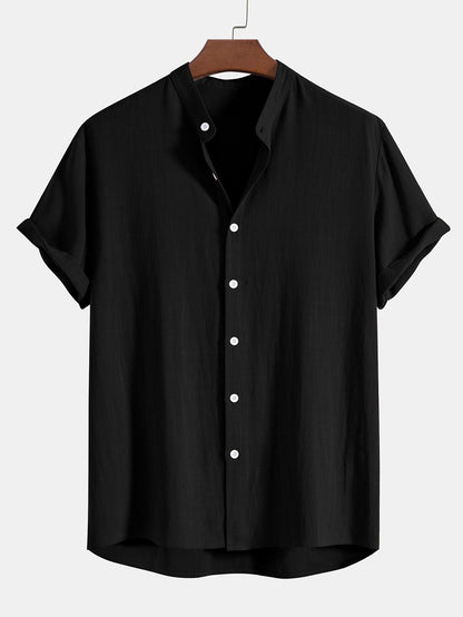 Men's Short Sleeve Shirt and Trousers Set with Button-Up and Drawstring Waist