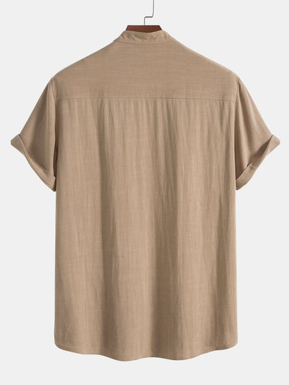 Men's Short Sleeve Shirt and Trousers Set with Button-Up and Drawstring Waist