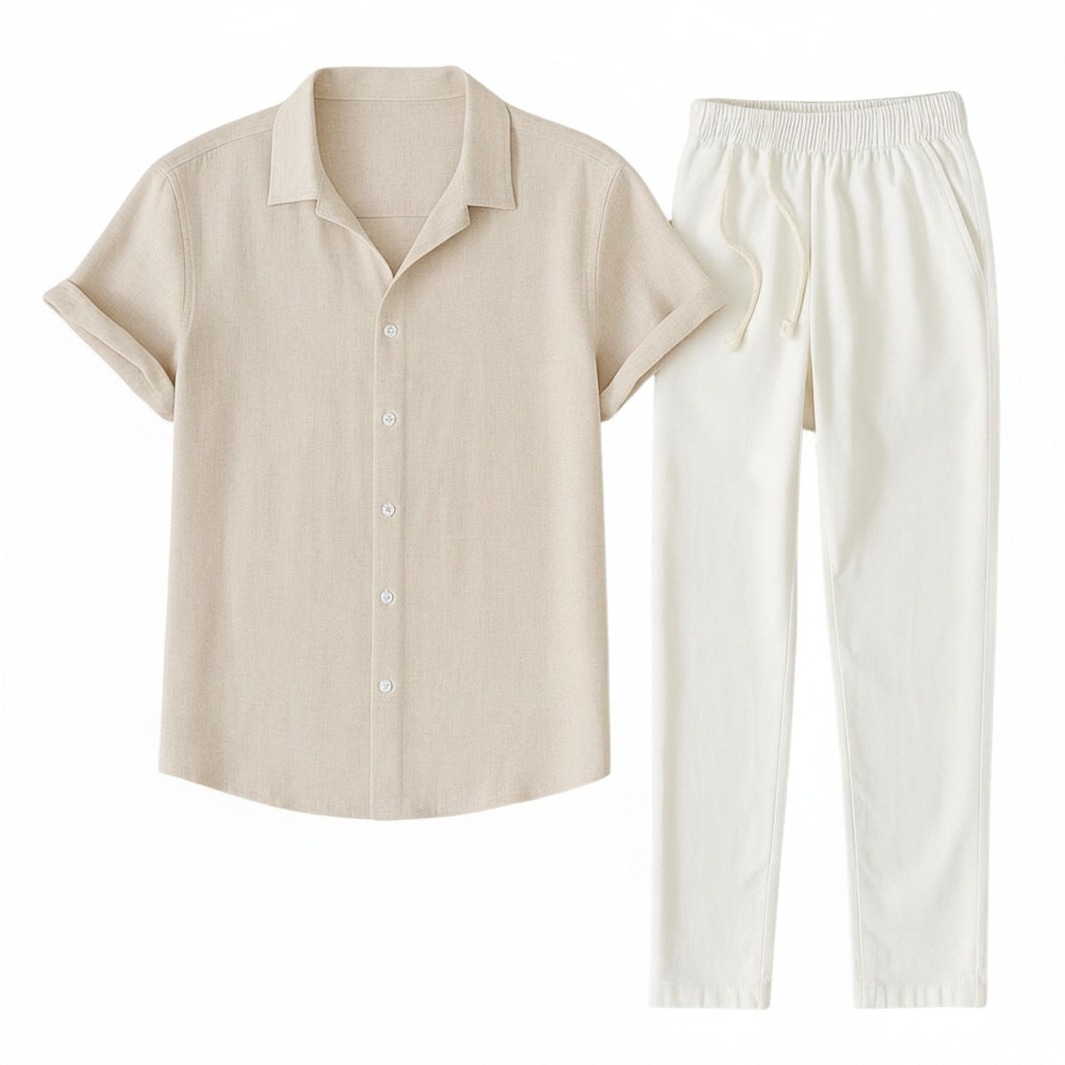 Men's Short Sleeve Shirt and Trousers Set with Camp Collar and Drawstring Waist