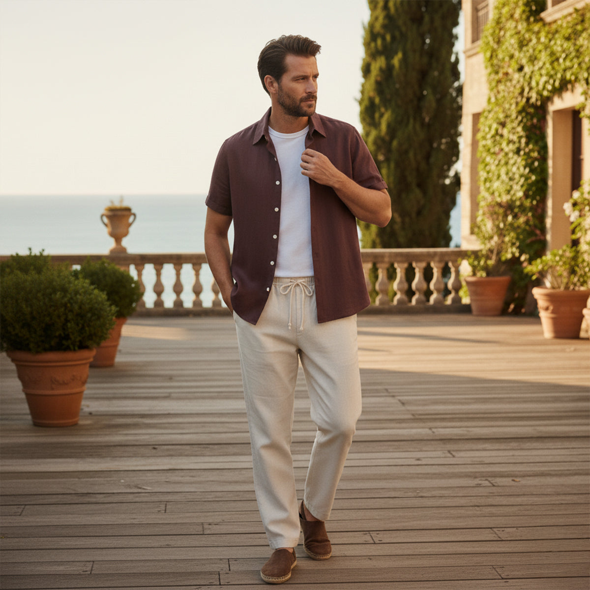 Men's Short Sleeve Shirt and Trousers Set with Camp Collar and Drawstring Waist