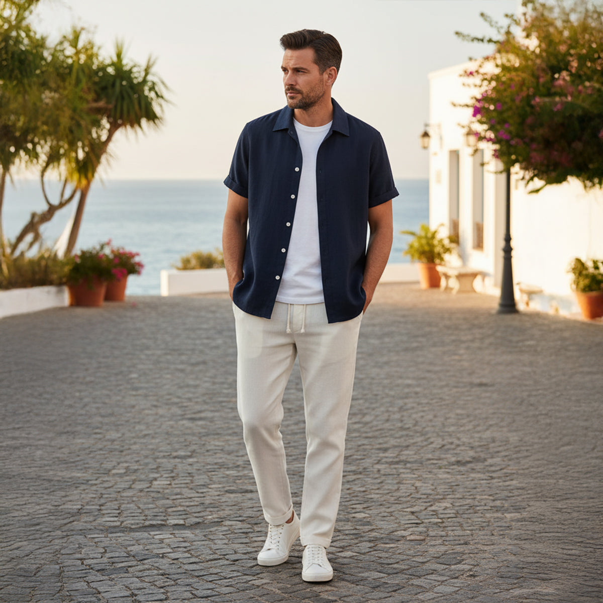 Men's Short Sleeve Shirt and Trousers Set with Camp Collar and Drawstring Waist