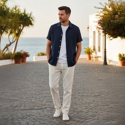 Men's Short Sleeve Shirt and Trousers Set with Camp Collar and Drawstring Waist