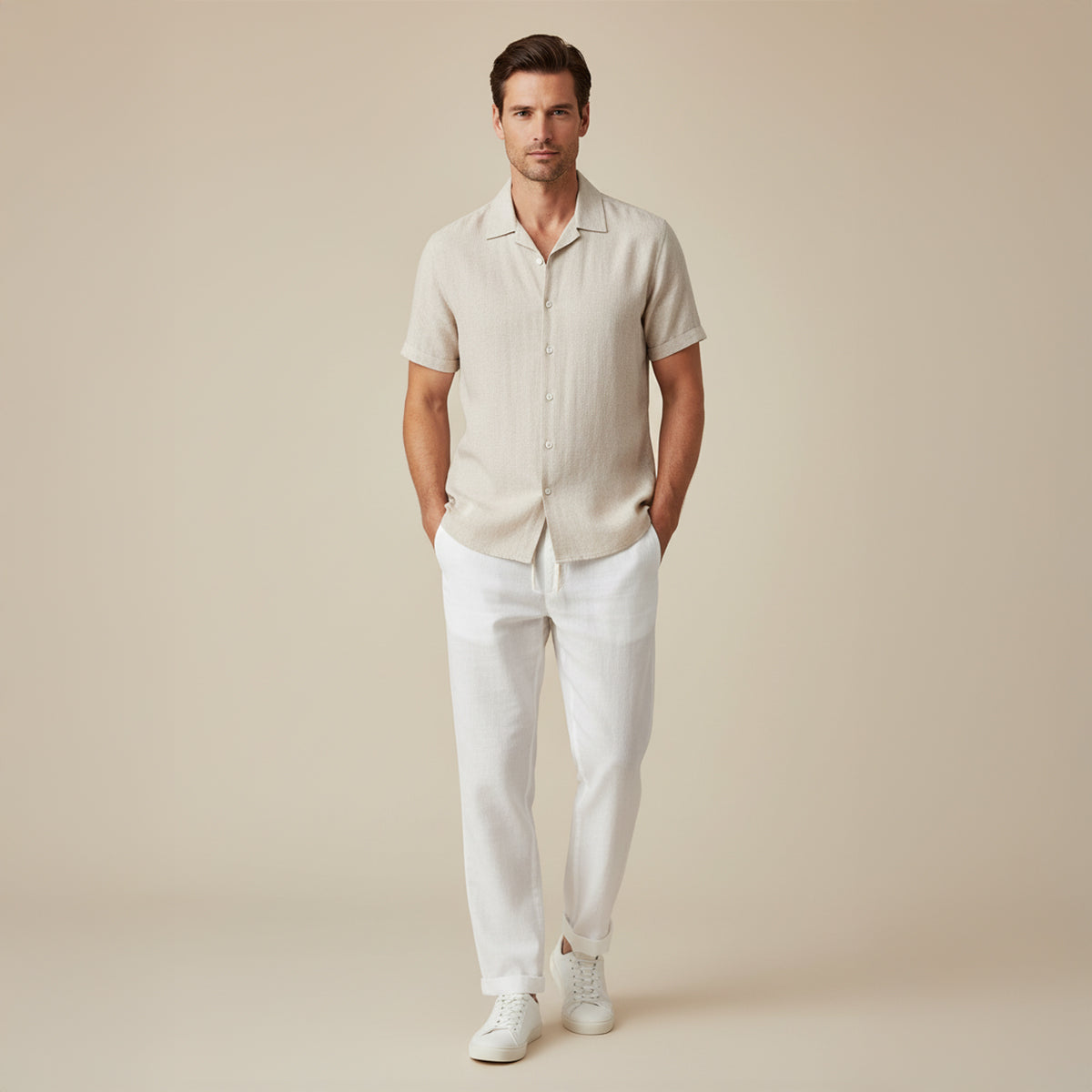 Men's Short Sleeve Shirt and Trousers Set with Camp Collar and Drawstring Waist