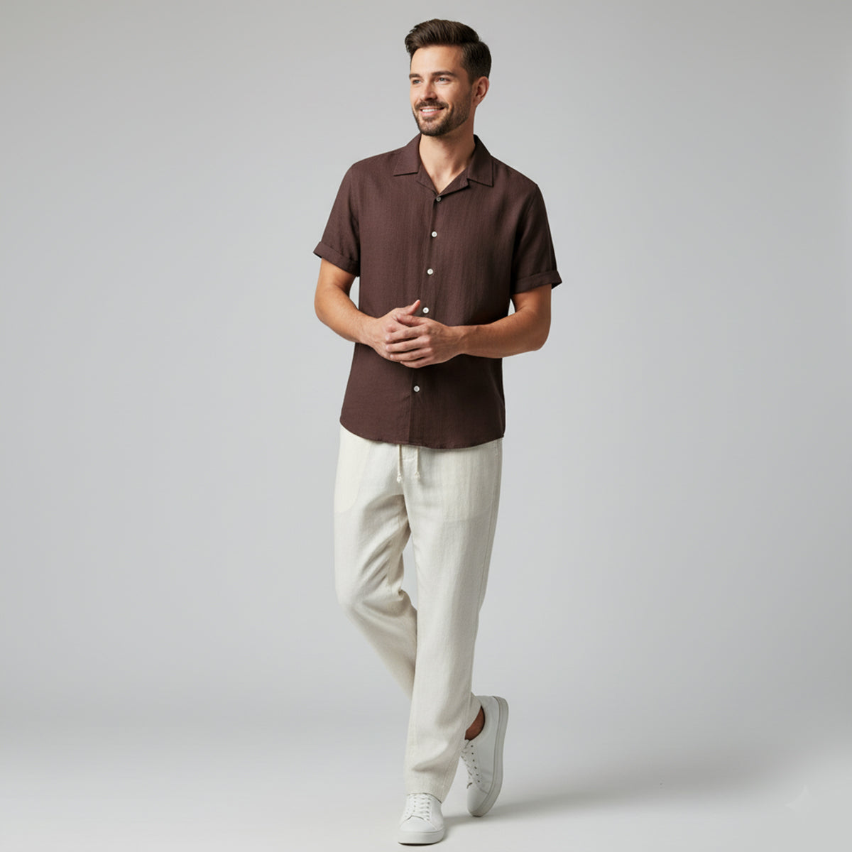 Men's Short Sleeve Shirt and Trousers Set with Camp Collar and Drawstring Waist
