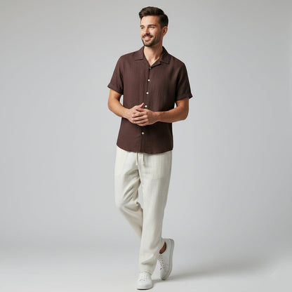 Men's Short Sleeve Shirt and Trousers Set with Camp Collar and Drawstring Waist