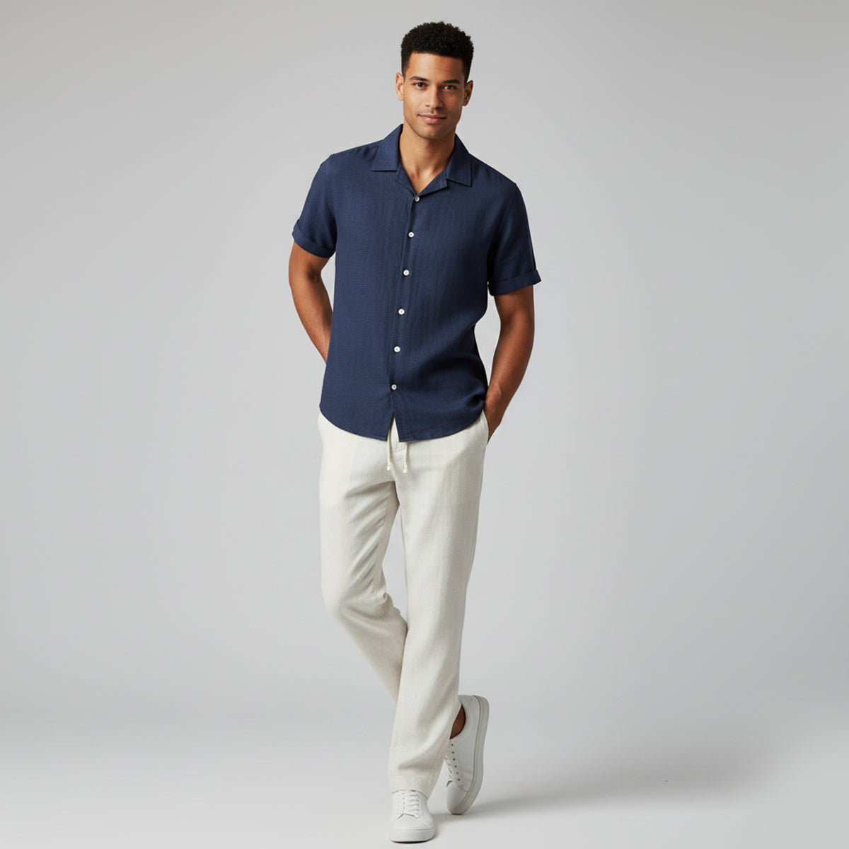 Men's Short Sleeve Shirt and Trousers Set with Camp Collar and Drawstring Waist