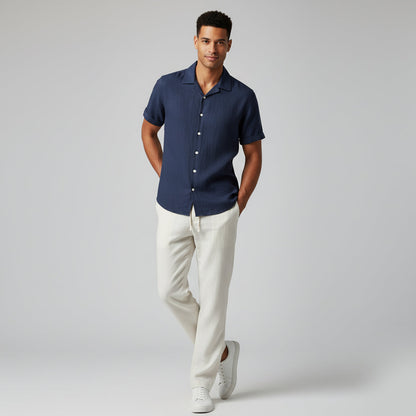 Men's Short Sleeve Shirt and Trousers Set with Camp Collar and Drawstring Waist
