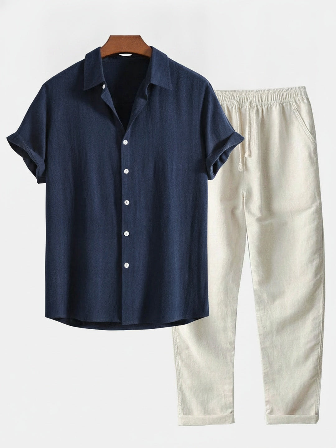 Men's Short Sleeve Shirt and Trousers Set with Stand Collar